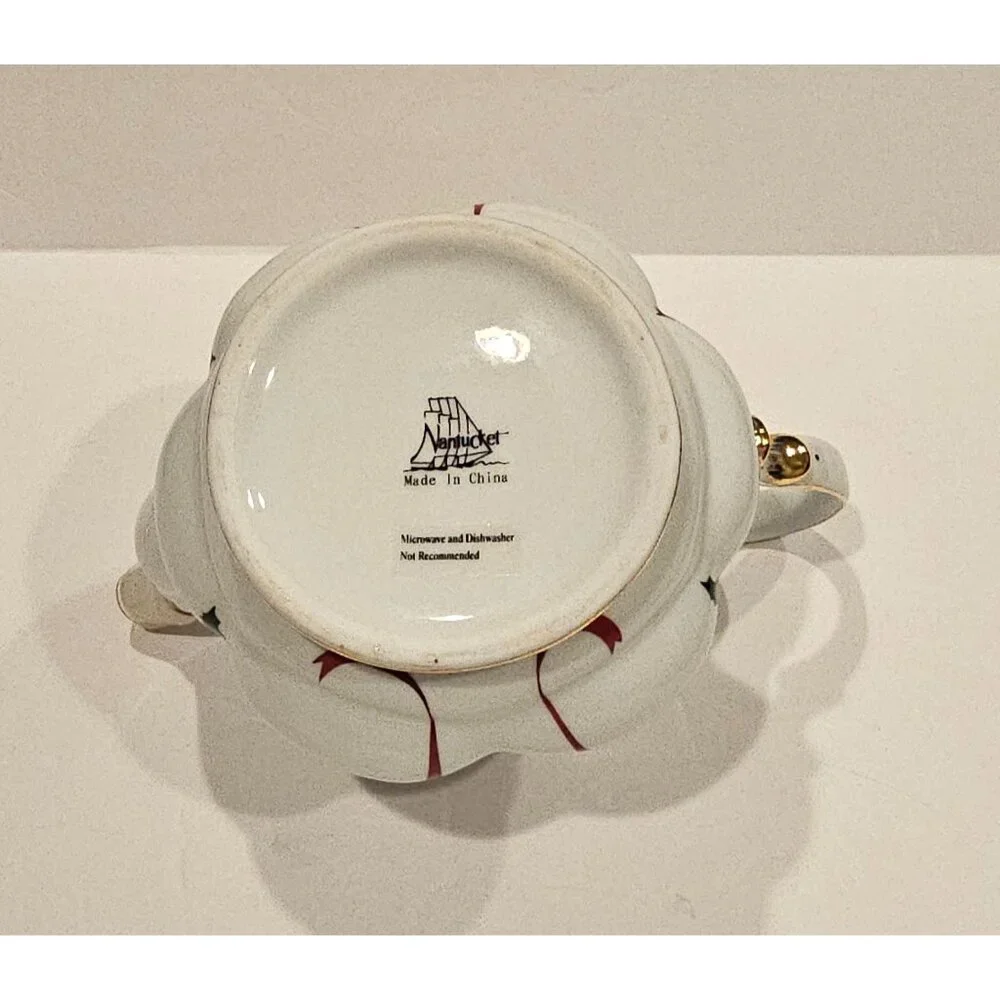 Nantucket Teapot Christmas Ribbon W/Berries Holly Gold‎